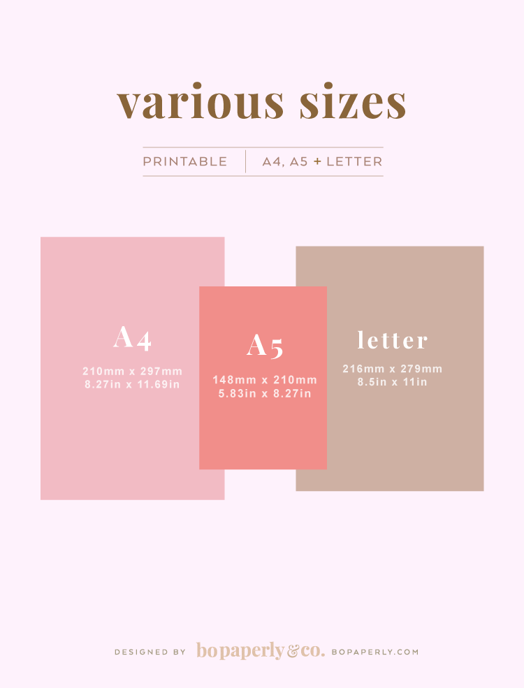 Planner Printable Sizes by Bo Paperly + Co. Studio