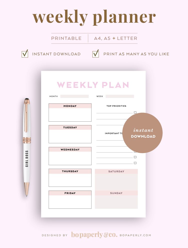 Weekly Planner | Planner Printables by Bo Paperly + Co. Studio